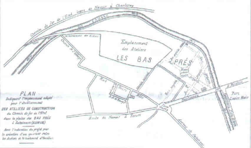 En 1881, un premier projet d’implantation des ateliers, dans un quartier de Salzinne qui n’est guère encore urbanisé. Le plan prévoyait (à gauche) un reccordement à la ligne charleroi via un coûteux pont oblique sur la Sambre.